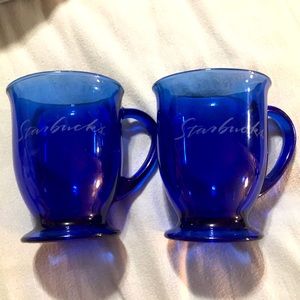 Starbucks set of 2 cobalt blue glass etched pedestal mugs 16 oz